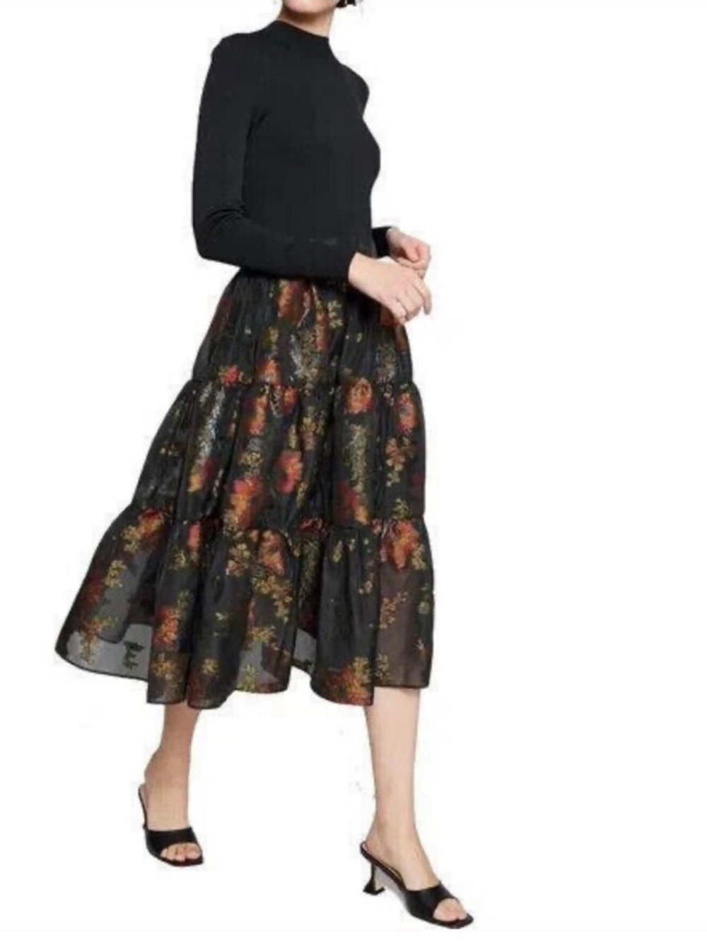 Ted Baker Black and Floral Midi Dress